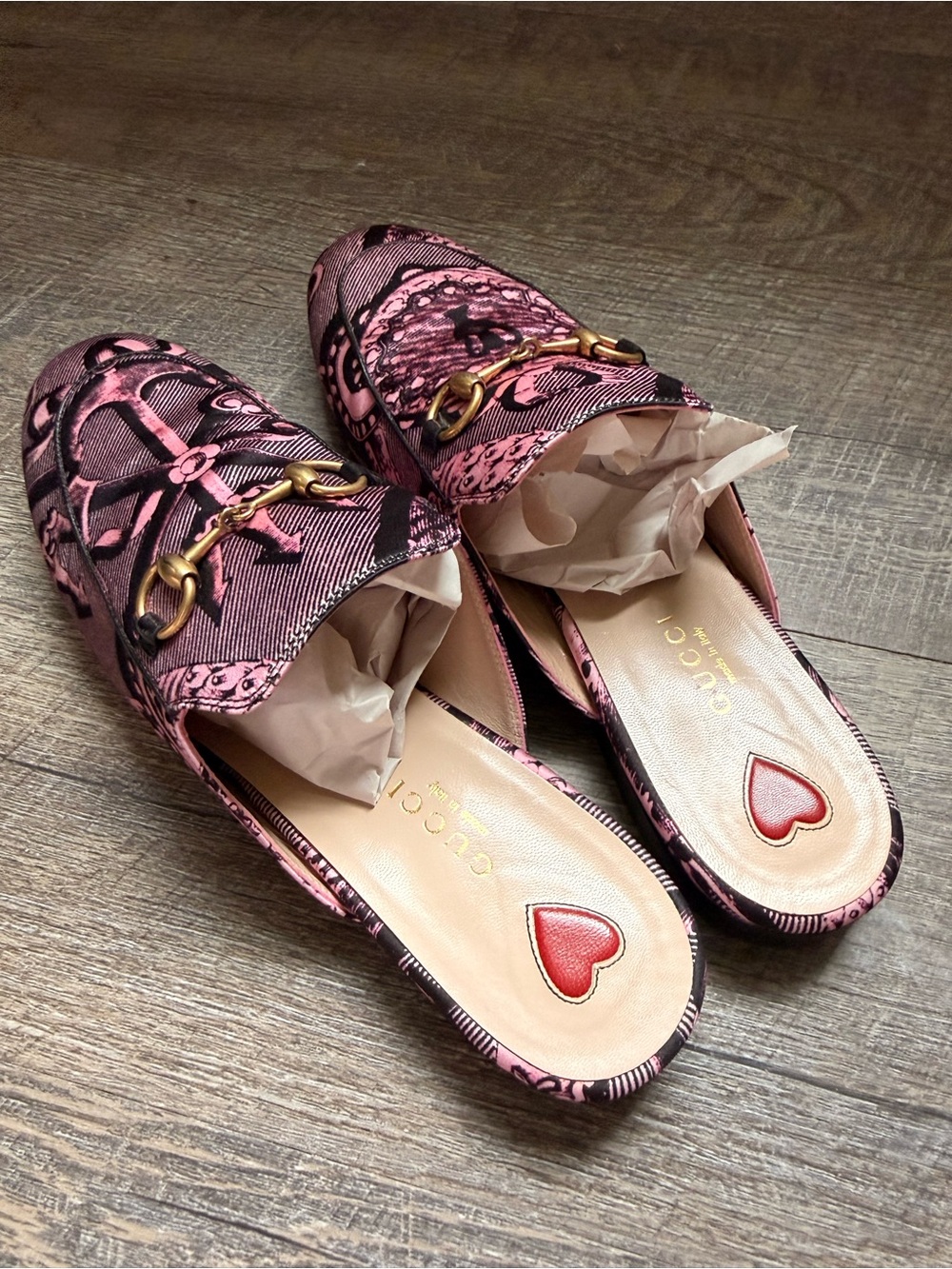 Gucci Pink and Black Printed Leather Horsebit Mules US7 EU37 - Picture 4 of 11